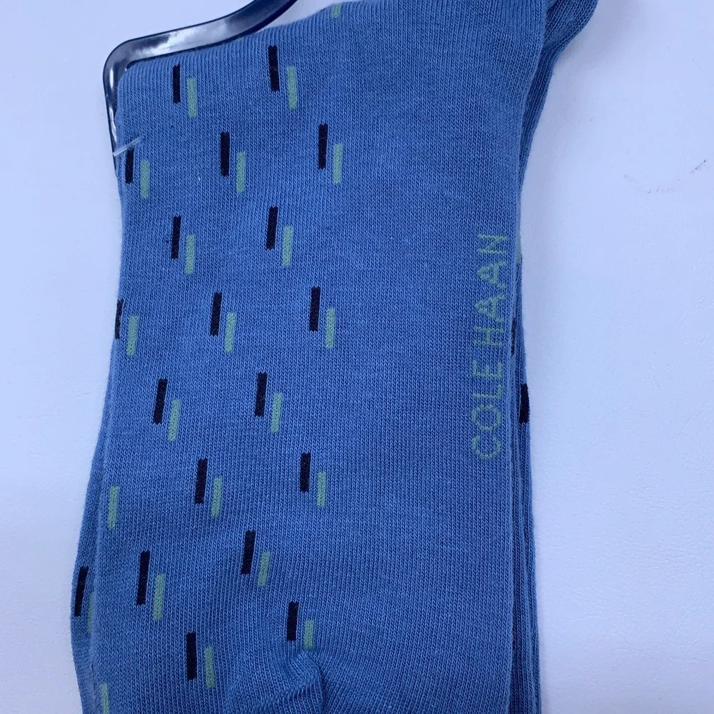 Cole Haan Mens 7-12 Blue Dash Pattern Combed Cotton Blend Dress Crew Socks NWT